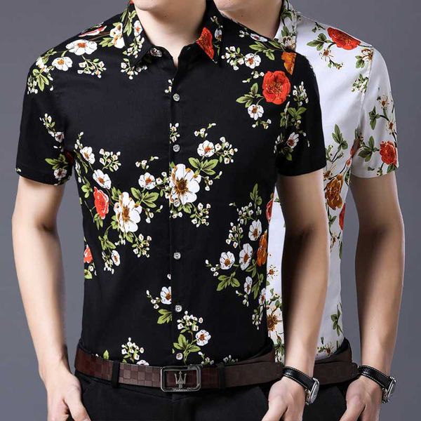 

male floral printed shirts pure cotton clothes short sleeve fashion printing 100% cotton mens office fashion shirts, White;black