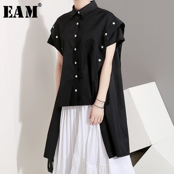 

eam] women black side long button split joint blouse new lapel short sleeve loose fit shirt fashion spring autumn 2020 ju317, White