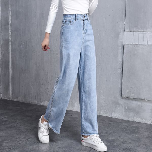 

women's 2020 new cropped wide leg jeans high-waisted hem loose skinny straight-leg pants, Blue
