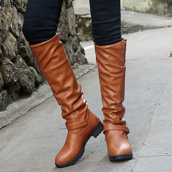 

2019 autumn winter women knee high boots women motorcycle boots casual mid heels dress thigh high shoes botas mujer, Black