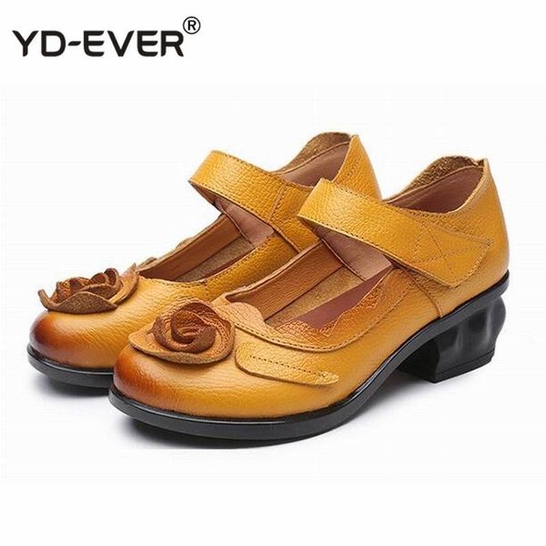 

retro style handmade leather shoes women thick with heels flowers pumps round toe high heels, Black