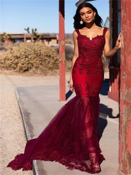 

burgundy straps sweetheart mermaid long prom dresses 2020 new lace appliques tulle formal party evening gowns, White;black