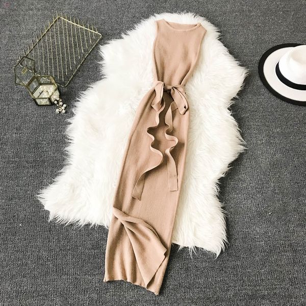 

women sleeveless solid knit casual dresses dress side slit sashes vintage pullover vestidos mid calf elegant female outfit, Black;gray