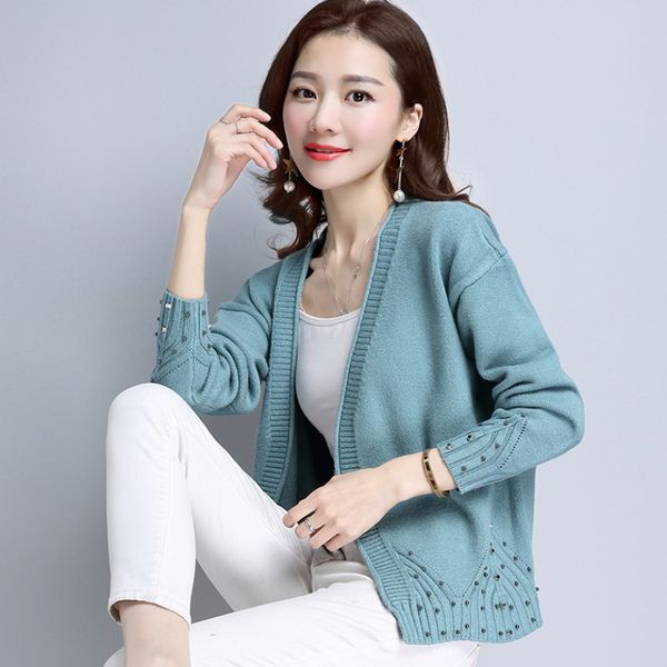 

new spring autumn short cardigan korean female sweater jacket elegant women sweater chic beading knitted outerwear, White
