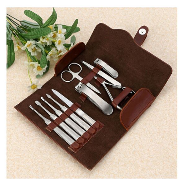 

new 10 pcs stainless steel nail clippers cutter trimmer ear pick grooming kit manicure set pedicure nail tools sets with case