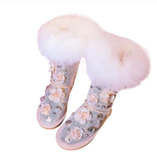 

size 40 421 2019 women winter thick snow boots rhinestones fur boot flower pearls botas, Black