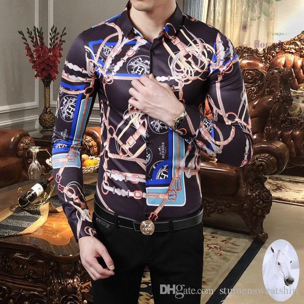 

роскошные дизайнерские мужчины poloshirt hermess моды случайных рубашки высокого класс французская бренд цепь печати барочной рубашка хлопок, White;black