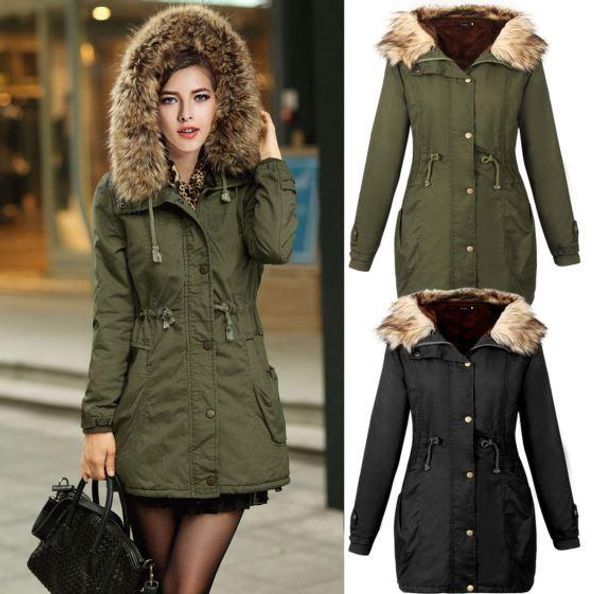

woman army green artificial fur collar thickening long sleeve parkas hooded cotton inside jacket winter coats outwear, Black