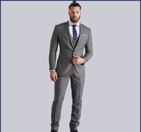 2017 Bonito Cinza Dos Homens de Casamento Smoking Slim Fit Um Botão Casual Ternos de Baile de Finalistas Homem Partido Blazer Terno (Jacket + Vest + Calças)