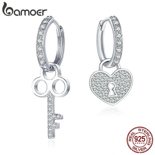 

bamoer classic 100% 925 sterling silver love heart shape key lock drop earrings for women wedding engagement jewelry sce577, Golden;silver