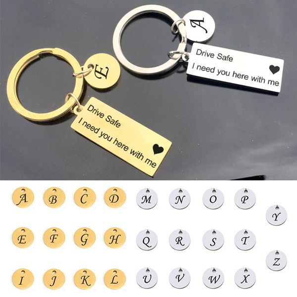 

a-z 26 letters keyring 1pc valentine i need you here with me drive safe gifts couples keychain engraved popular sale, Silver