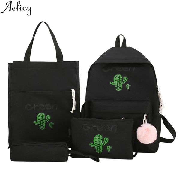 

4pcs canvas school backpack set for teenage girls cactus printing shoulder bag+women backpack+pencil case+purse travel satchel