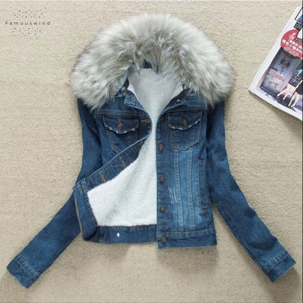 

winter 2019 denim jacket fur collar lj162 jackets plus velvet warm parka outerwear women solid cotton coat girl fashion denim, Black;brown