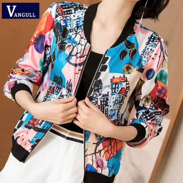 

vangull printed women jacket autumn new fashion short baseball jacket 2019 spring long sleeve female plus size loose zipper coat, Black;brown