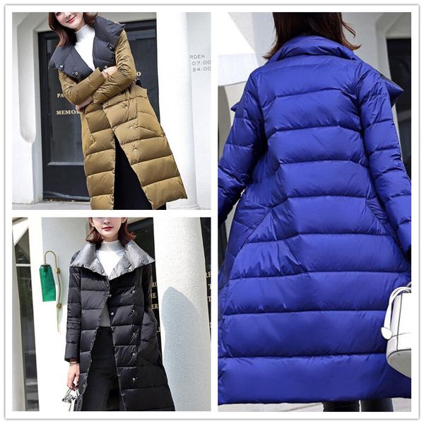 

2019 осенью и зимой белая утка пуховик женщин длинный участок воротник двухсторонний двусторонний по колено вниз куртка, Black