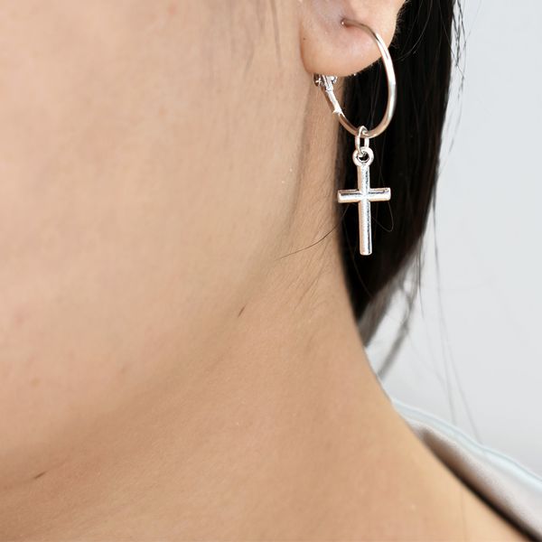 

bing tu minimalist silver color round circle earrings religious cross pendant drop dangle earring for women ear piercing jewelry