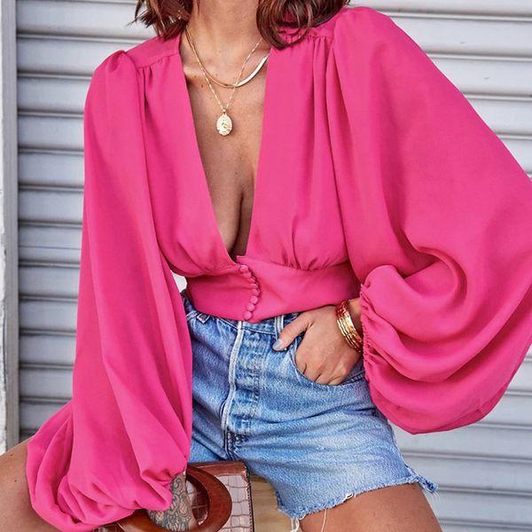 

women puff sleeve casual v-neck solid color buttons long sleeve lantern plus size women blouse blusa feminina, White