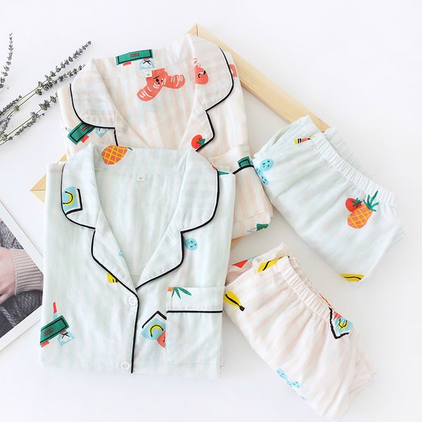 

women long sleeved &trousers cotton gauze 2pcs pajamas set cute sleepwear thin nightwear lounge lapel home clothing suit, Black;red