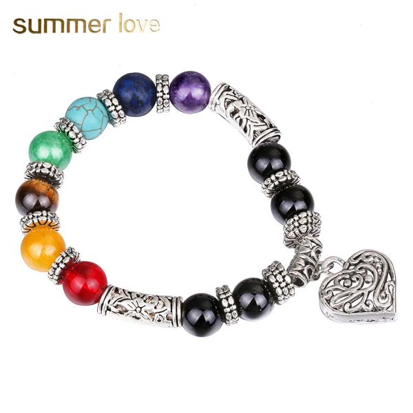 

new arrival 10mm heart charm beads bracelet for women men handmade 7 chakra healing balancing yoga bracelets retro jewelry gifts 2019, Black