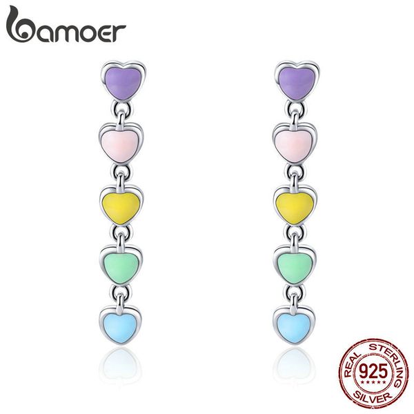 

bamoer romantic genuine 925 sterling silver rainbow heart enamel drop earrings for women fashion sterling silver jewelry sce451