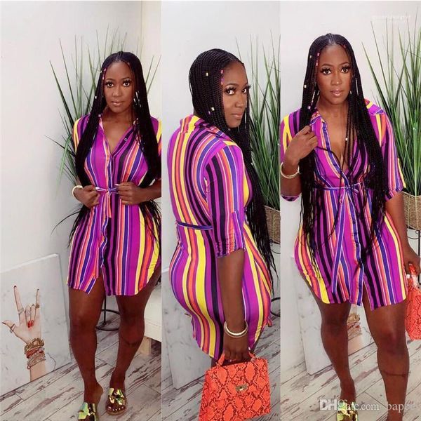 

отворот шеи с коротким рукавом модные дизайнерские платья повседневные женские праздники сексуальная одежда лето полосатый принт женское пла, Black;gray