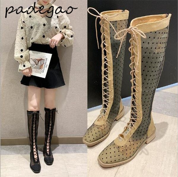 

high tube women's boots 2019 summer new fashion mesh cloth breathable lacing low heel high boots women a255, Black