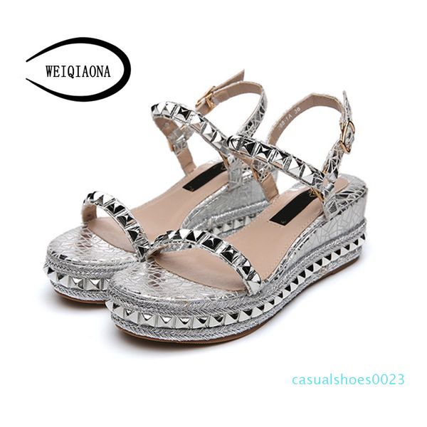 

weiqiaona summer high heels round head studded women's sandals wedges women's shoes rome c23, Black