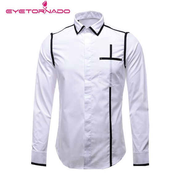 

men simple shirts geometry stripes slim fit shirt autumn spring solid plus size long sleeve cotton business shirt e90, White;black