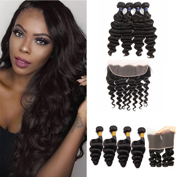 

9а бразильских виргинских утки волос сыпучего deep wave natural black remy человеческие волосы ткут связки с фронтальным extensions утков во