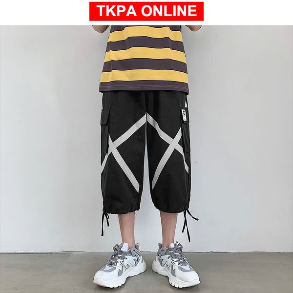 

cross cropped harem pants men streetwear hip hop 2020 overalls men wide leg cargo pants summer korean joggers trousers, Black