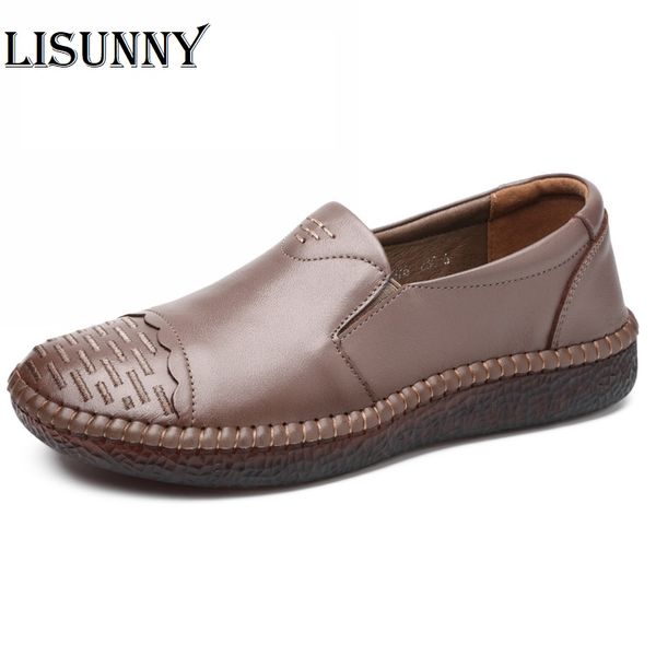 

women flat shoes 2020 handmade spring/autumn genuine leather loafers retro slip-on woman flats casual female nonslip shoes, Black