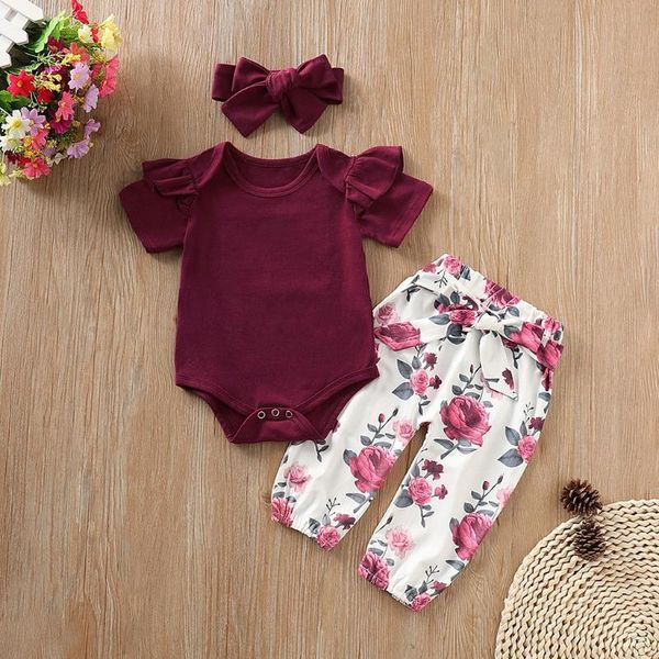 

newborn baby girl clothes set long sleeve ruffle romper+floral print pants +bow headband 3pcs newborn infant girls clothing set, White