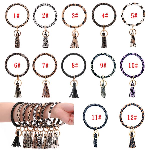 

leopard leather keychain bracelets pu wrist key ring tassel pendant wristbands sports key holder bracelet bangle round rings fashion jewelry, Slivery;golden