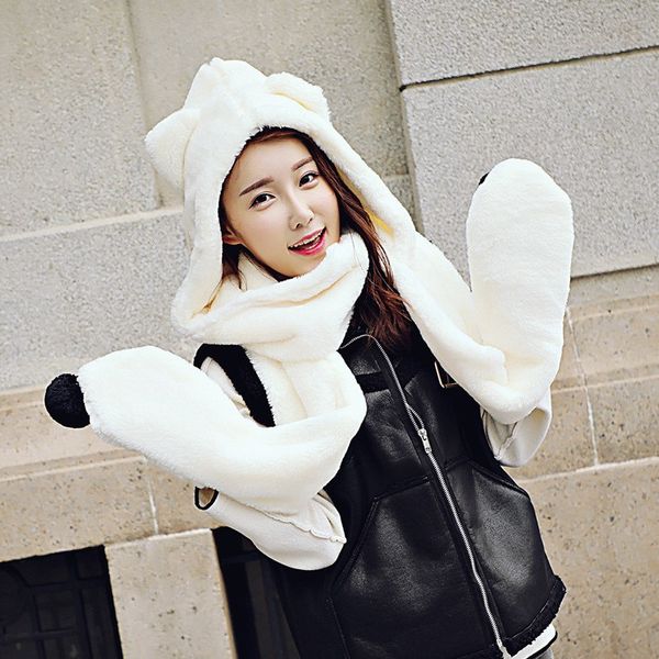 

winter thicken hooded scarves gloves hat set coral velvet woolen animal bear ears cap plush long hooded snood scarf mittens, Blue;gray