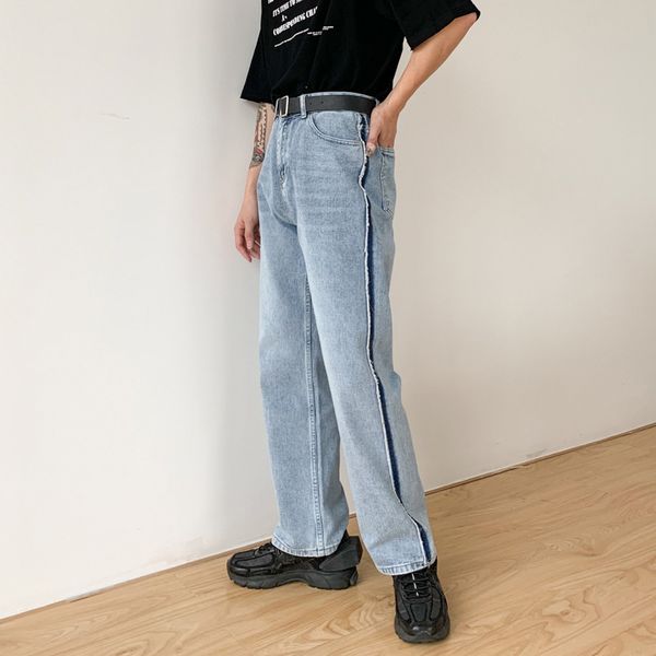 

male japan korea streetwear hip hop jeans trousers men vintage washed side stripe loose casual wide leg straight denim pants, Blue