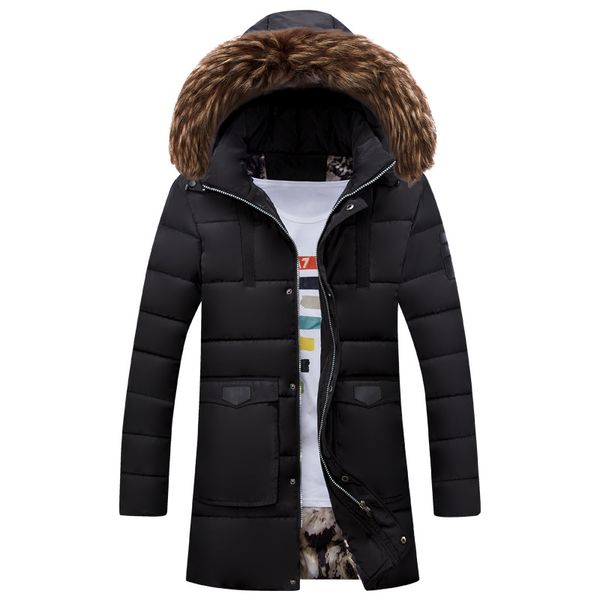 

men winter jacket voguemilitary hooded fur collar thickening medium-long solid down jackets warmed cotton coats male parkas, Tan;black