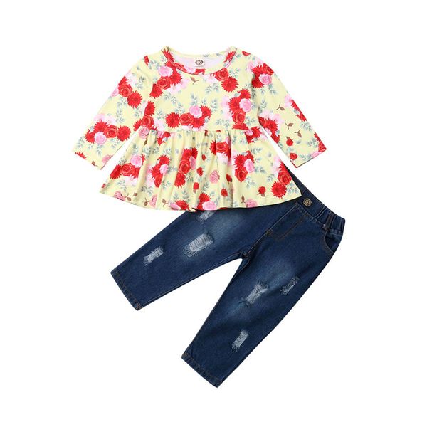 

2019 new toddler kids baby girls clothes flower long sleeve +denim pants fashion 2pcs outfits set autumn costumes 1 to 4y, White