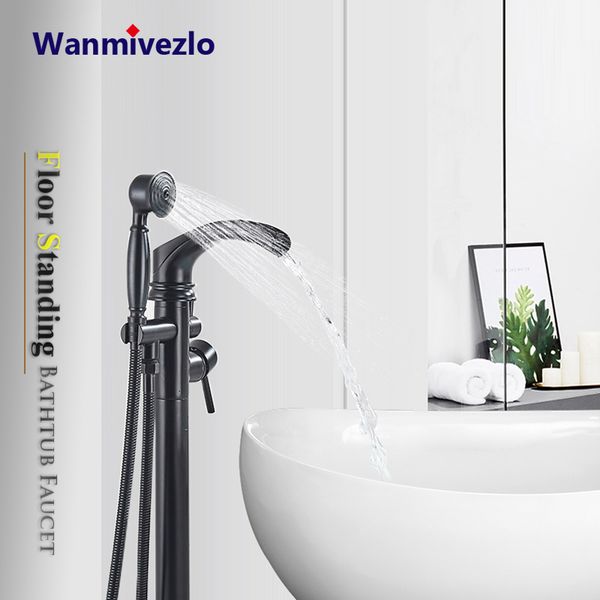

black bathtub faucet standing bathroom waterfall mixer tap dual handle with handshower floor mounted bath shower faucets