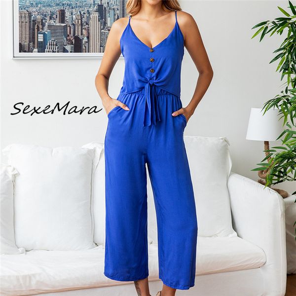 

women's jumpsuits & rompers 2021 summer women backless button lace up casual loose pockets v-neck, Black;white