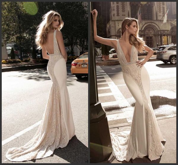 

2019 new berta lace mermaid wedding dresses deep v-neck trumpet backless bridal gowns sweep train beaded country wedding dress, White