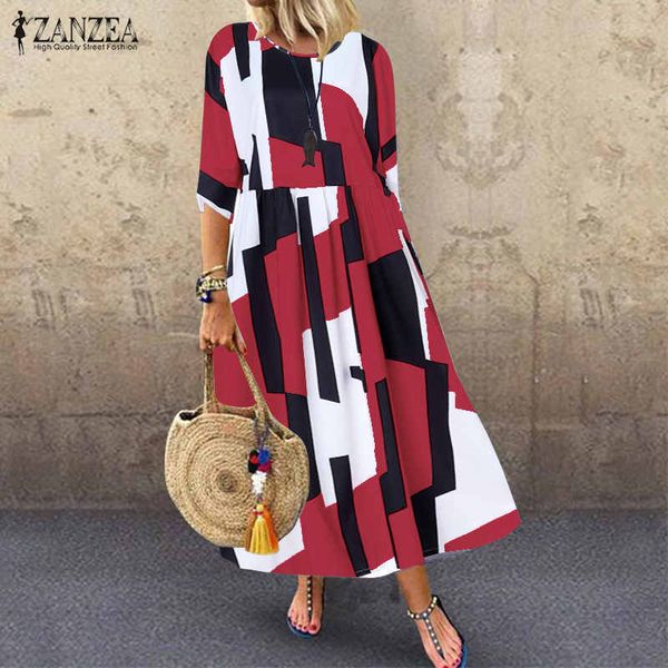 

zanzea 2019 fashion geometric printed maxi dress women's sundress summer 3/4 sleeve long vestidos female casual loose party robe, Black;gray