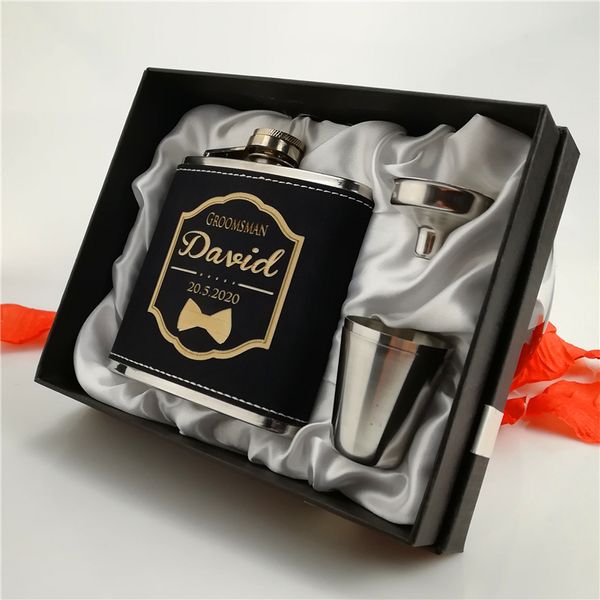 6 oz schwarzer Leder-Hüftflasche, frei personalisierte gravierte, Bräutigam oder Groomsman oder BESTMAN-Geburtstagsgeschenk