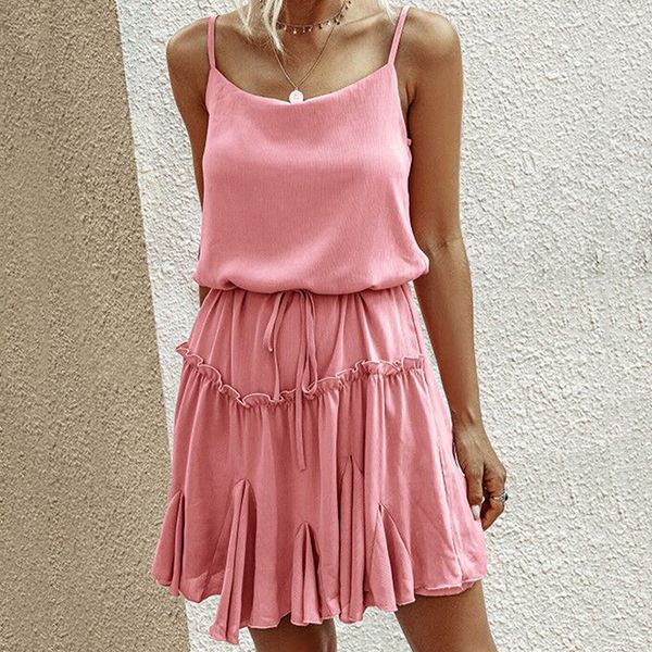 

solid summer dress spaghetti strap ruffles mini beach dresss backless square collar dress plus size female elegant vestidos, Black;gray