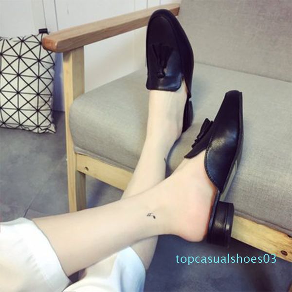 

women slippers ladies tassel mules female suqare heels women's solid comfortable shoes woman casual round toe footwear 2020 new t03, Black