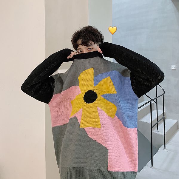 

2019 autumn new korean version of the original loose sets of round neck collar color flowers long-sleeved knit sweater, White;black