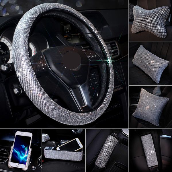 

mr crystal steering wheel cover pu leather bling bling rhinestones car headrest neck pillow waist support seat belt cover