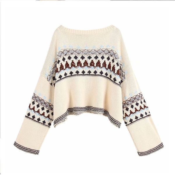 

vintage stylish oversized knitted jacquard sweater women 2019 fashion long sleeve short style pullovers loose chic pull, White;black