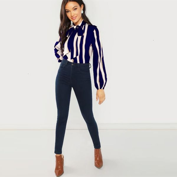 

woman women blouse blue pullovers workwear weekend casual tie neck long sleeve striped blouse women elegant autumn minimalist blouse, White