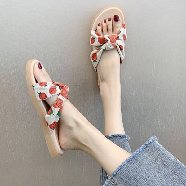 

slippers female summer wear ins tide 2020 new fashion wild net red strawberry bow flat bottom flat drag, Black