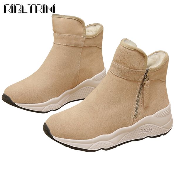 

ribetrini new ladies fashion solid zip ankle snow shoes woman short plush boots casual soft wedges heels warm fur boots women, Black
